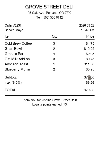 Sample deli receipt